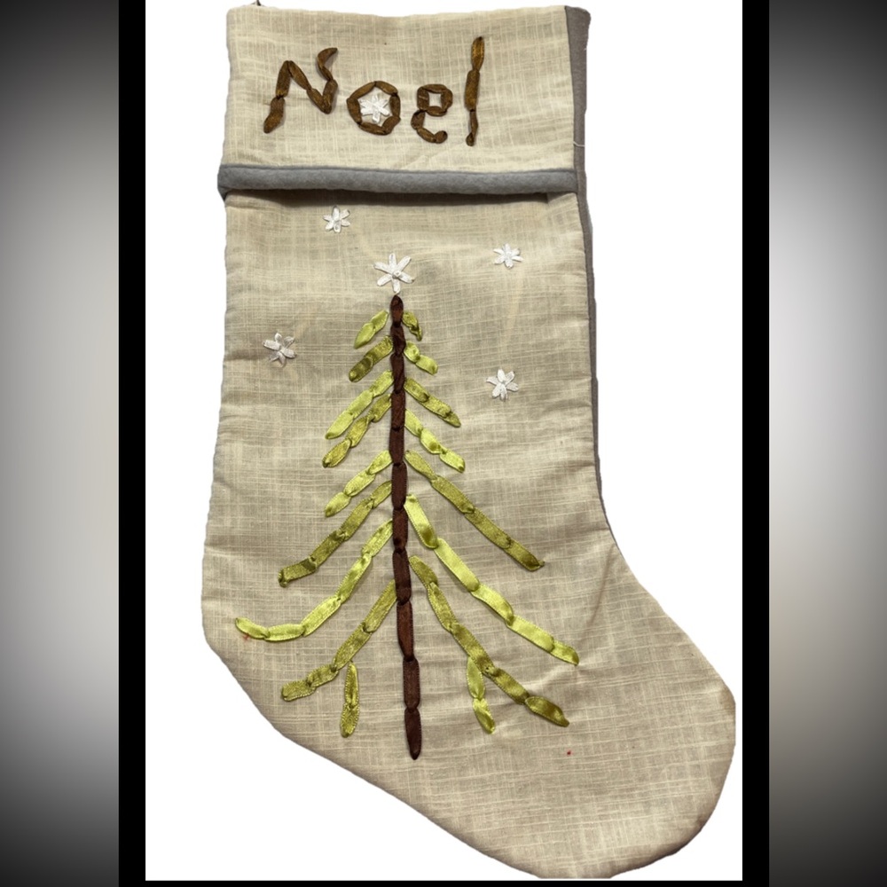 Christmas Stocking “NOEL” Green Ribbon Xmas Tree Snowflake Cream linen Gray Felt